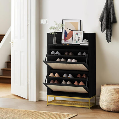 DKLGG Shoe Cabinet with 2 Flip-Flop Drawers - Stylish Natural Rattan Design for Organized Spaces