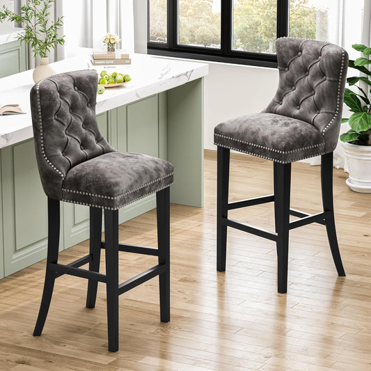 DKLGG Light Gray Velvet Barstool Set - 2 Comfortable Chairs for Chic Interiors