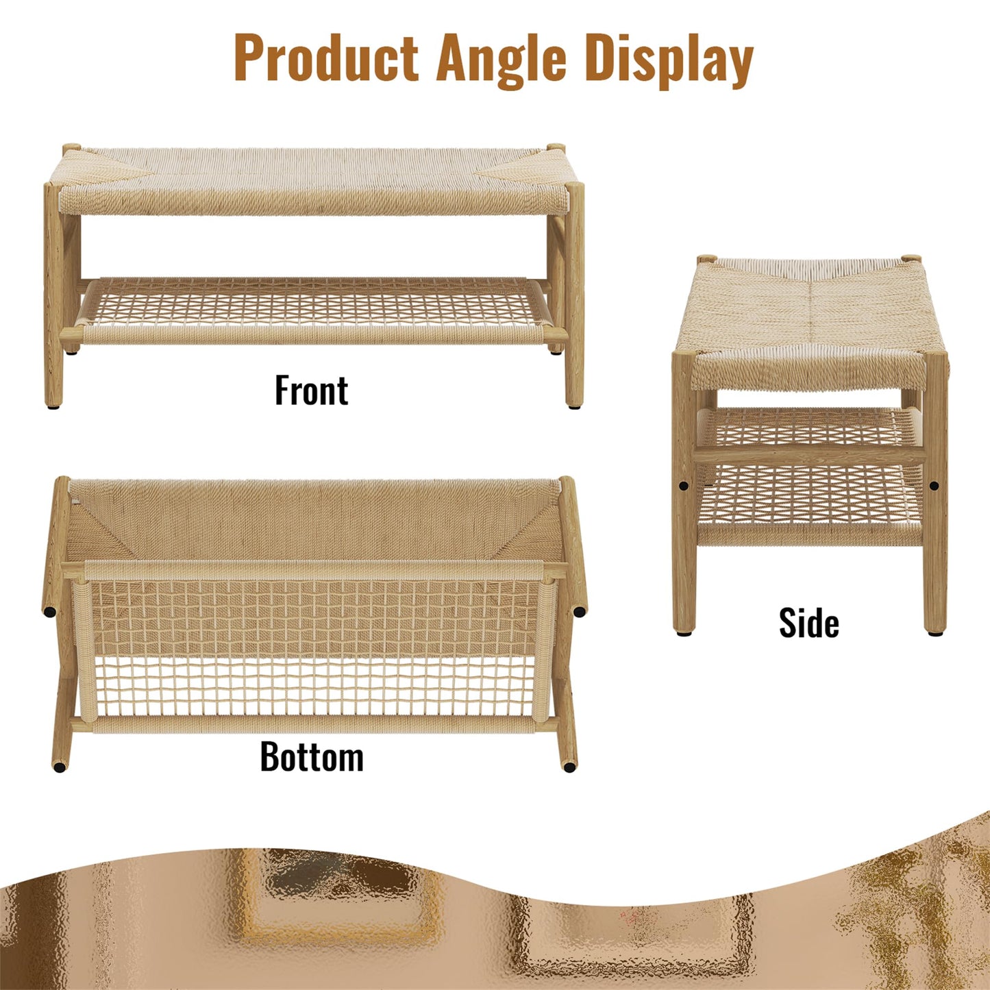 DKLGG Functional Indoor Entryway Bench - Paper Cord Seat and Grid Shelf for Stylish Organization