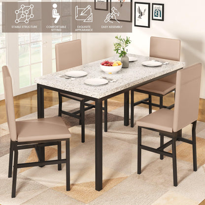 DKLGG Faux Marble Dining Set for 4 - 5-Piece Table and Leather Chairs in Elegant Khaki