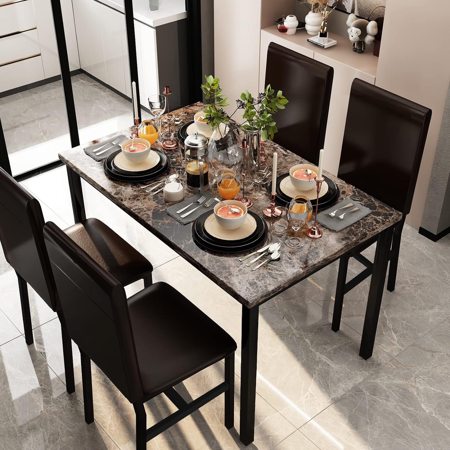 DKLGG Stylish 5-Piece Dining Set for 4 – Faux Marble Table and Rich Brown Chairs