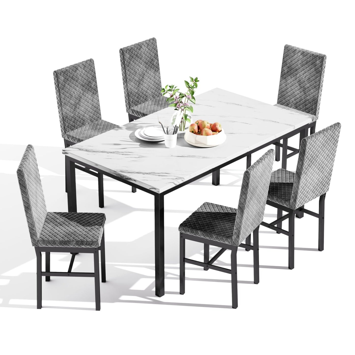 DKLGG 7-Piece Faux Marble Dining Table Set with Velvet Chairs - Perfect for Family Gatherings