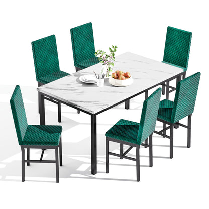 DKLGG 7-Piece Faux Marble Dining Table Set with Velvet Chairs - Perfect for Family Gatherings