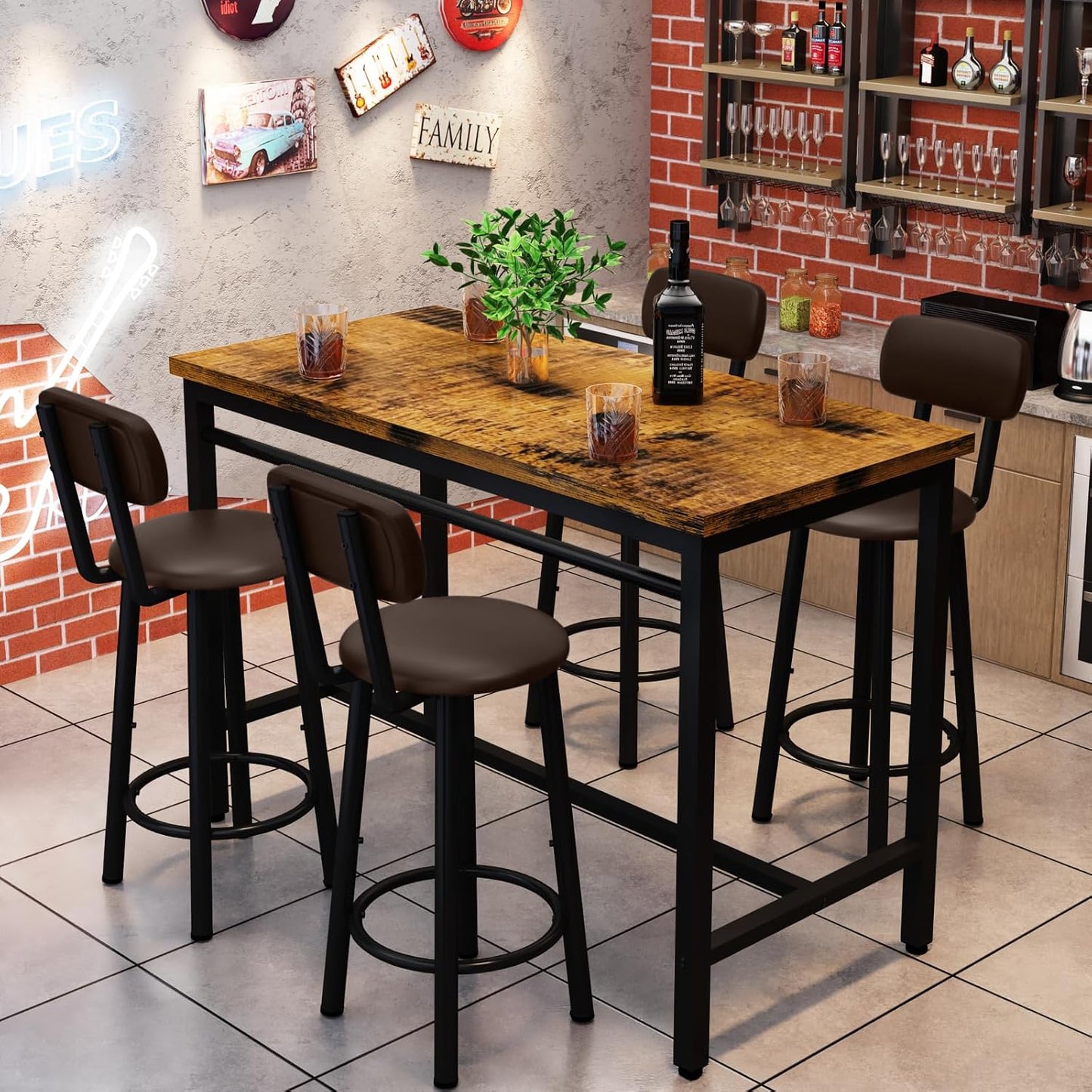 DKLGG Rustic Brown 4-Seater Dining Table Set - Perfect for Kitchen and Bar Areas