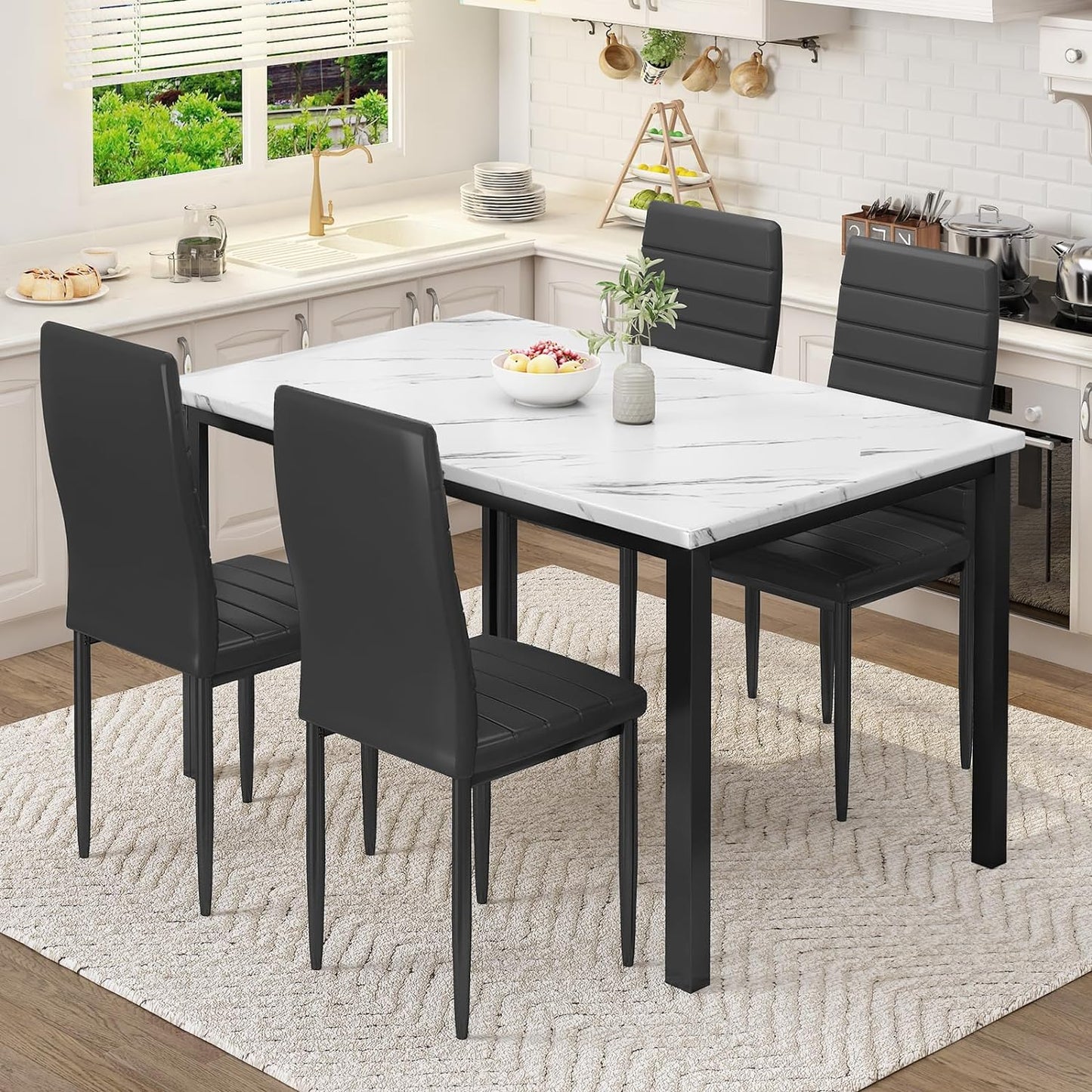 DKLGG4 Faux Marble Dining Table Set of 4, (White and Black)