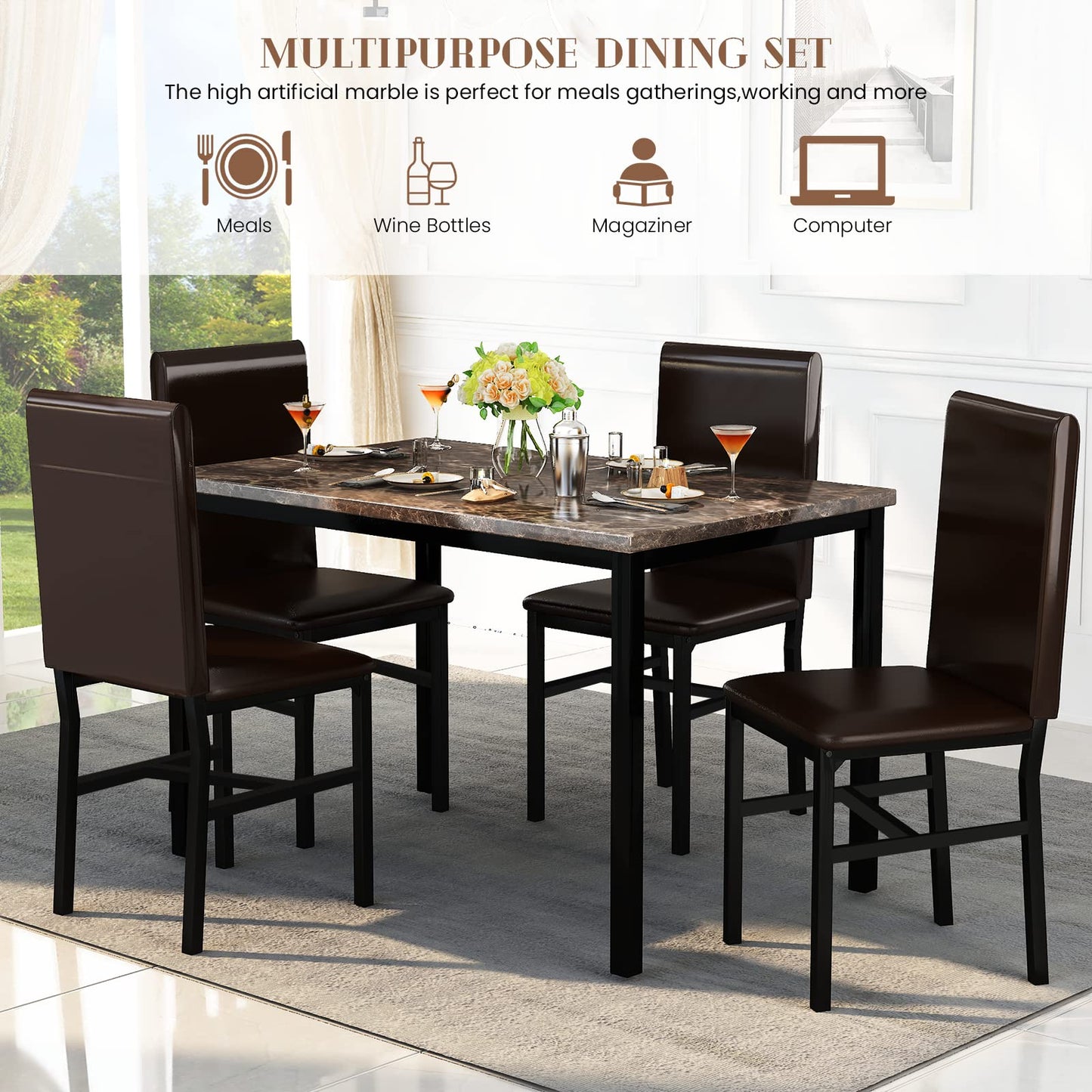 DKLGG Dining Table Set for 4 - Elegant Marble Table with Comfortable PU Leather Seating