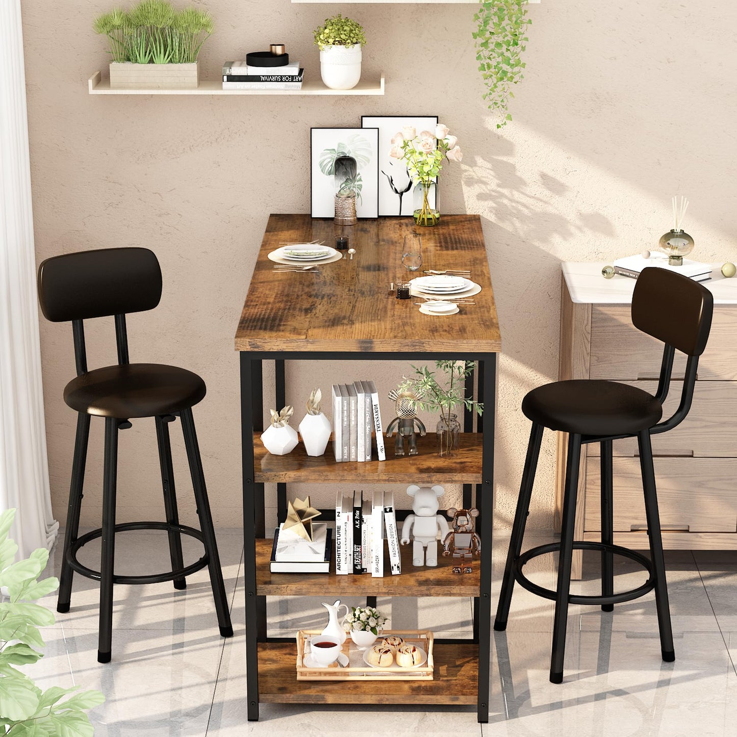 DKLGG Modern 3-Piece Industrial Bar Set for 2 - Stylish Table with Integrated Storage Solutions