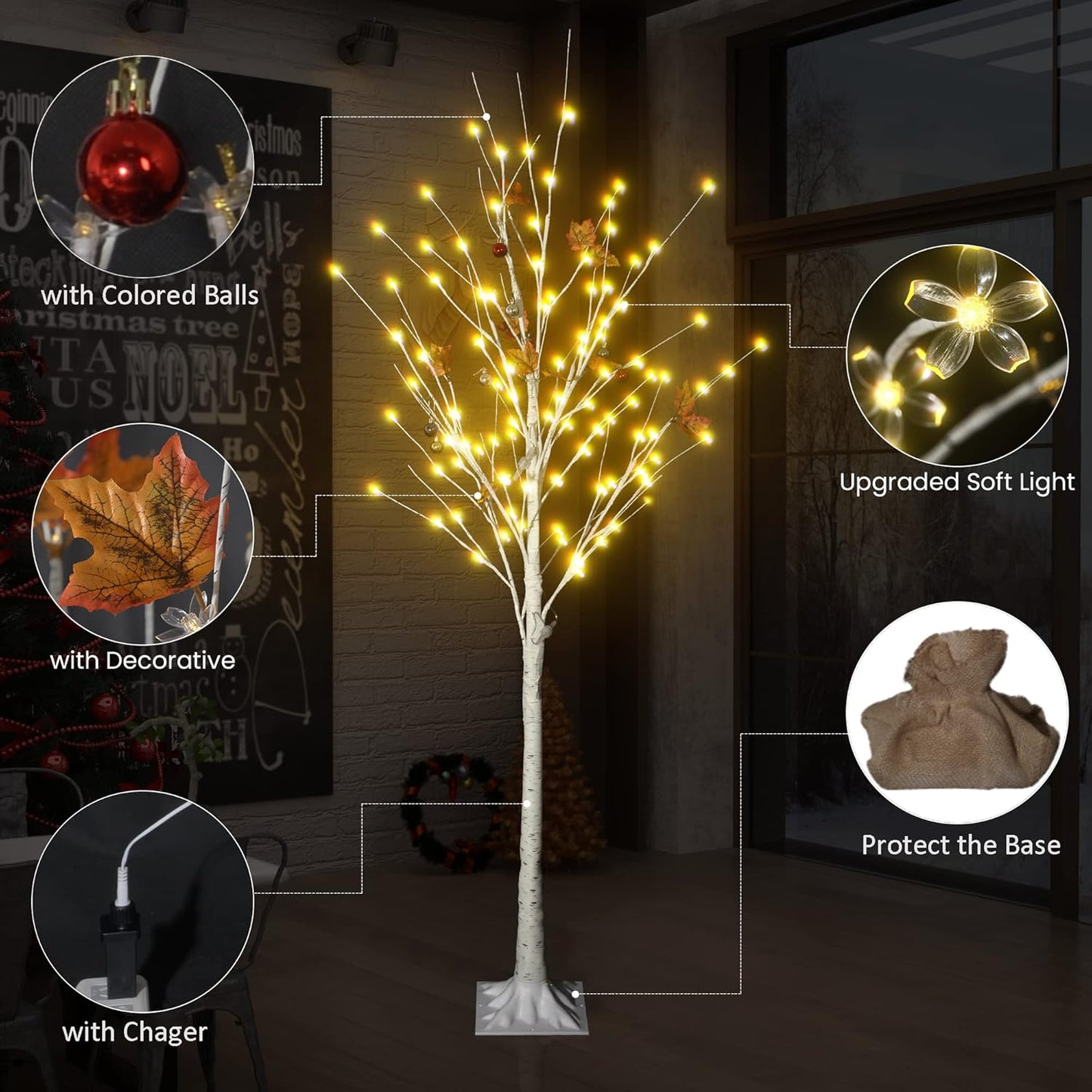 DKLGG Festival Tree Set - 3 White Betula Trees with Lights for a Magical Holiday Atmosphere