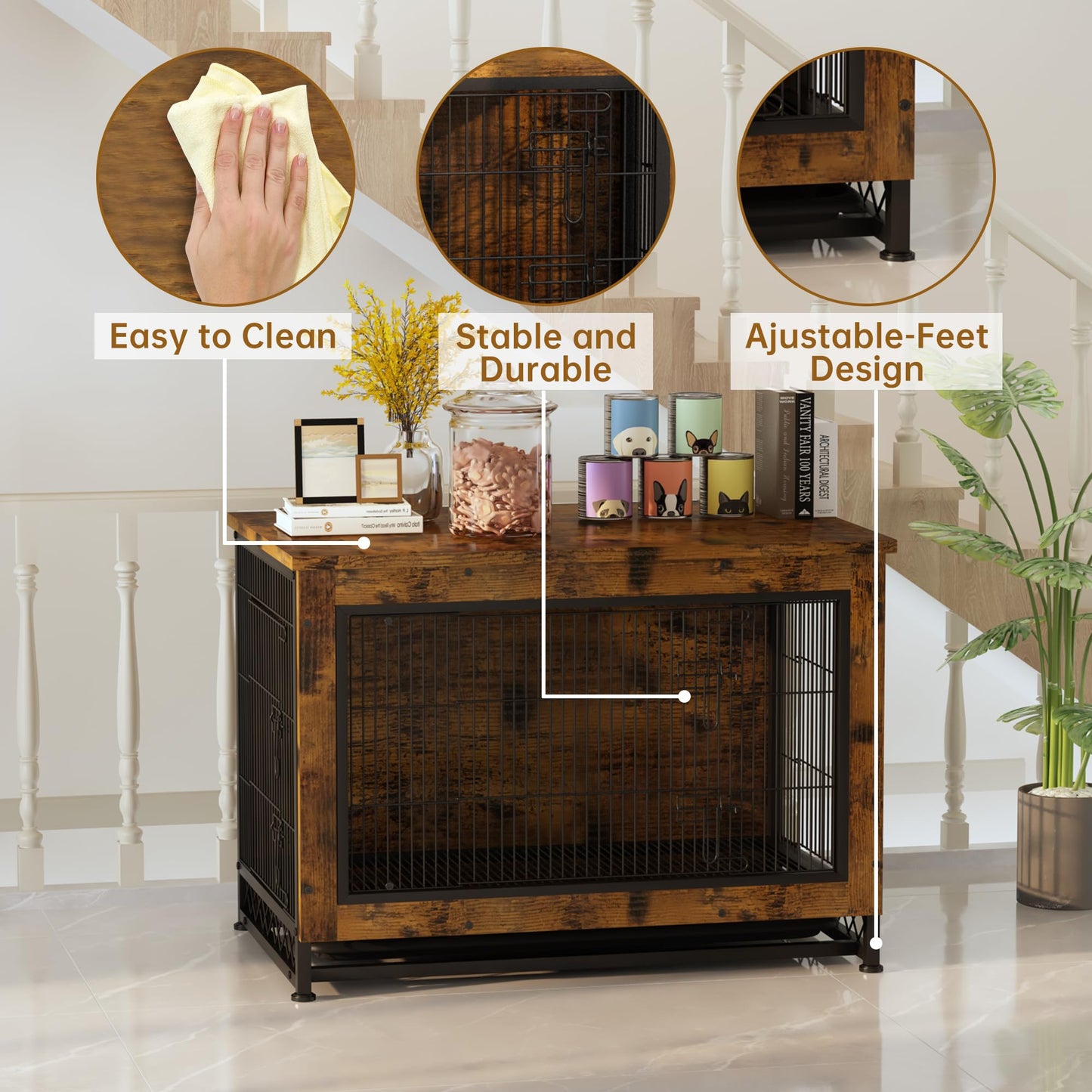 DKLGG Wooden Dog Crate End Table with Removable Tray – Pet-Friendly Furniture in Brown