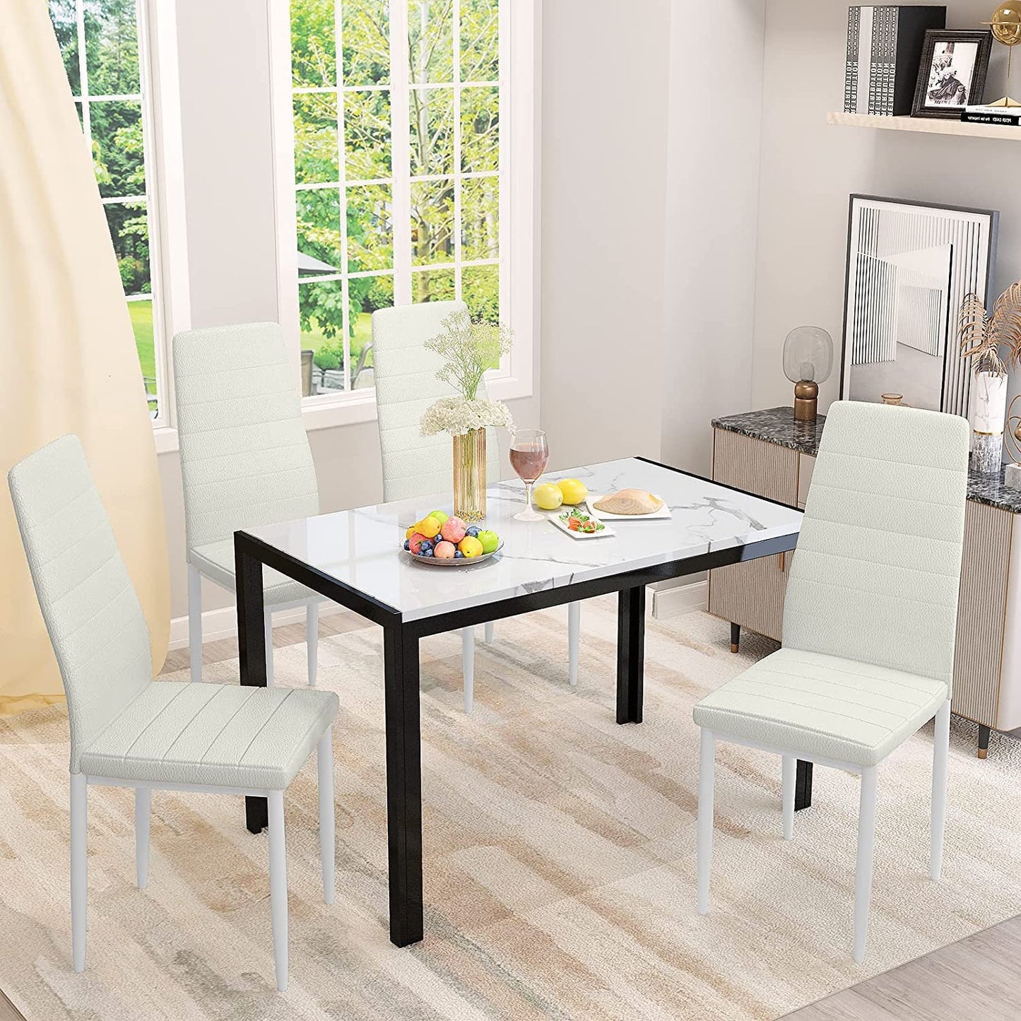 DKLGG Stylish 5-Piece Dining Table with 4 PU Leather Chairs – Faux Marble Finish