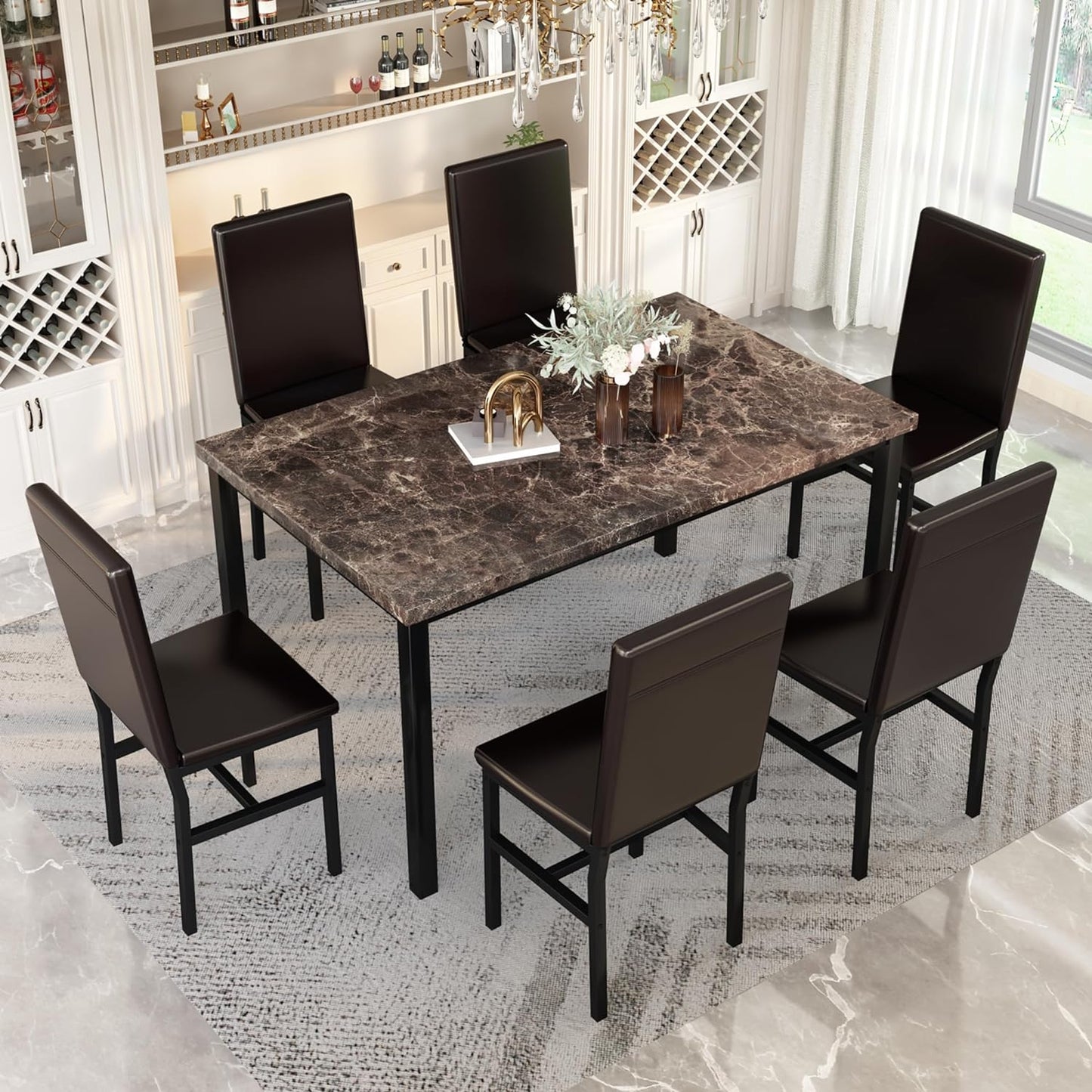 DKLGG Elegant 7-Piece Faux Marble Dining Set - Space-Saving Solution for Living Rooms and Apartments