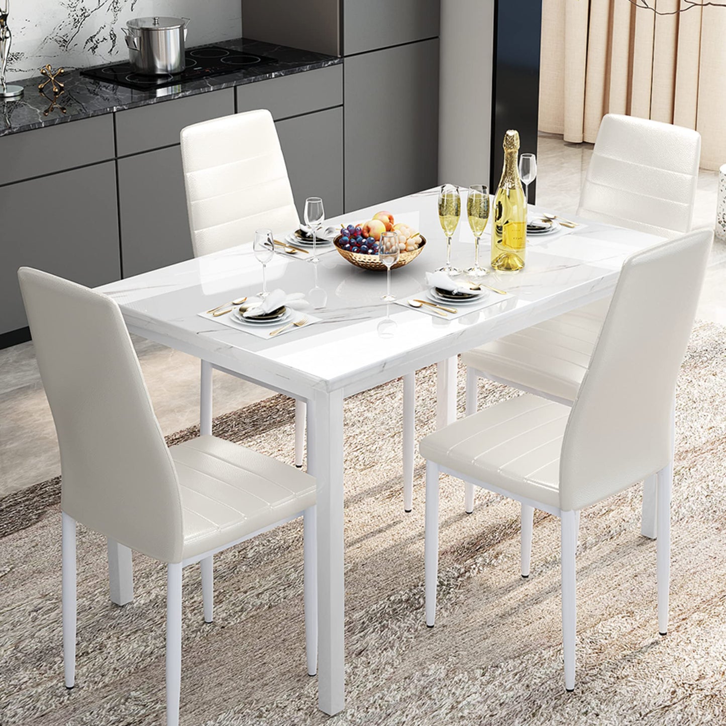 DKLGG Dining Table Set for 4 - Elegant Marble Table with Comfortable PU Leather Seating