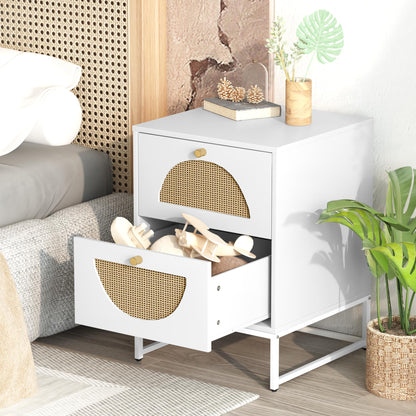 DKLGG Bohemian Nightstand - Stylish White Rattan Bedside Table for Cozy Spaces