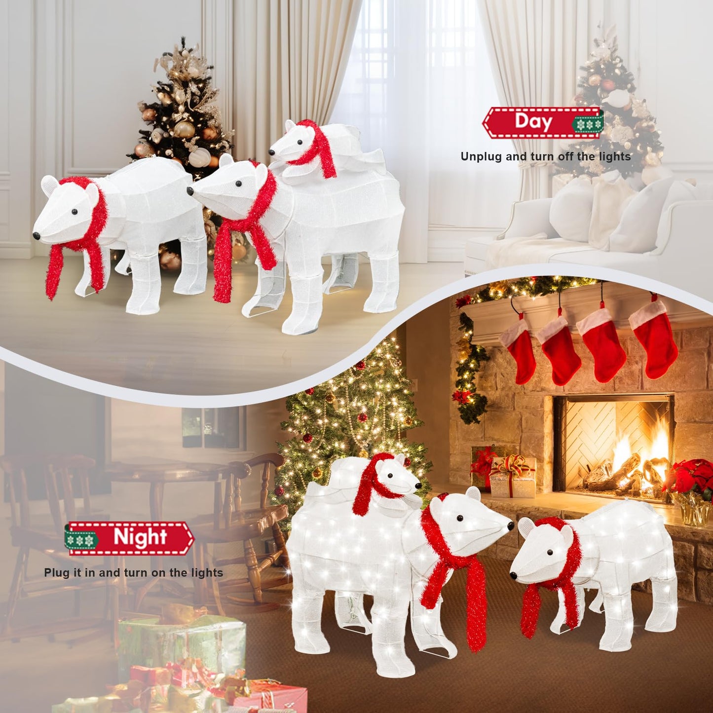 DKLGG 3-Piece Polar Bear Family Christmas Decoration with 210 LED Lights for Outdoor & Indoor Use