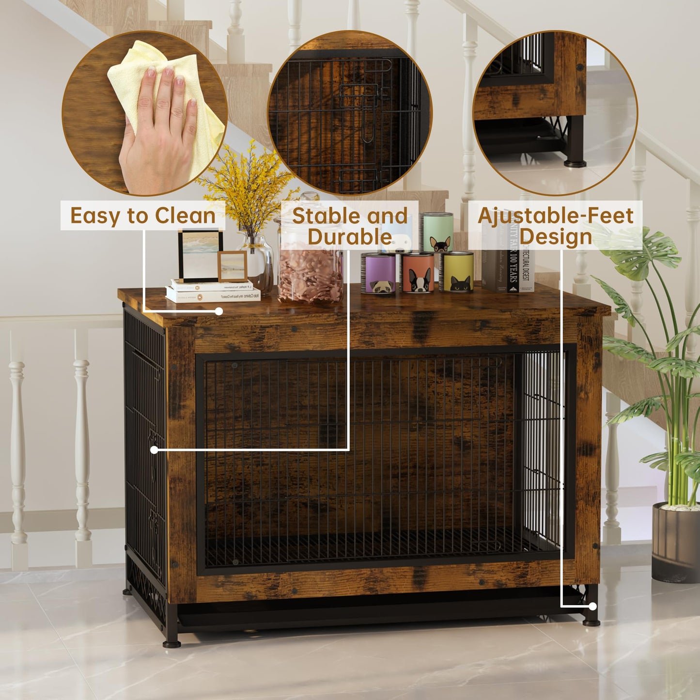 DKLGG Wooden Dog Crate End Table with Removable Tray – Pet-Friendly Furniture in Brown