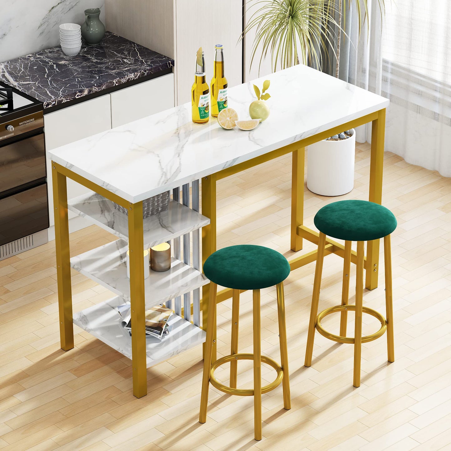 DKLGG High Top Dining Set - Bar Table with Upholstered Stools and Practical Storage Shelves for Easy Living