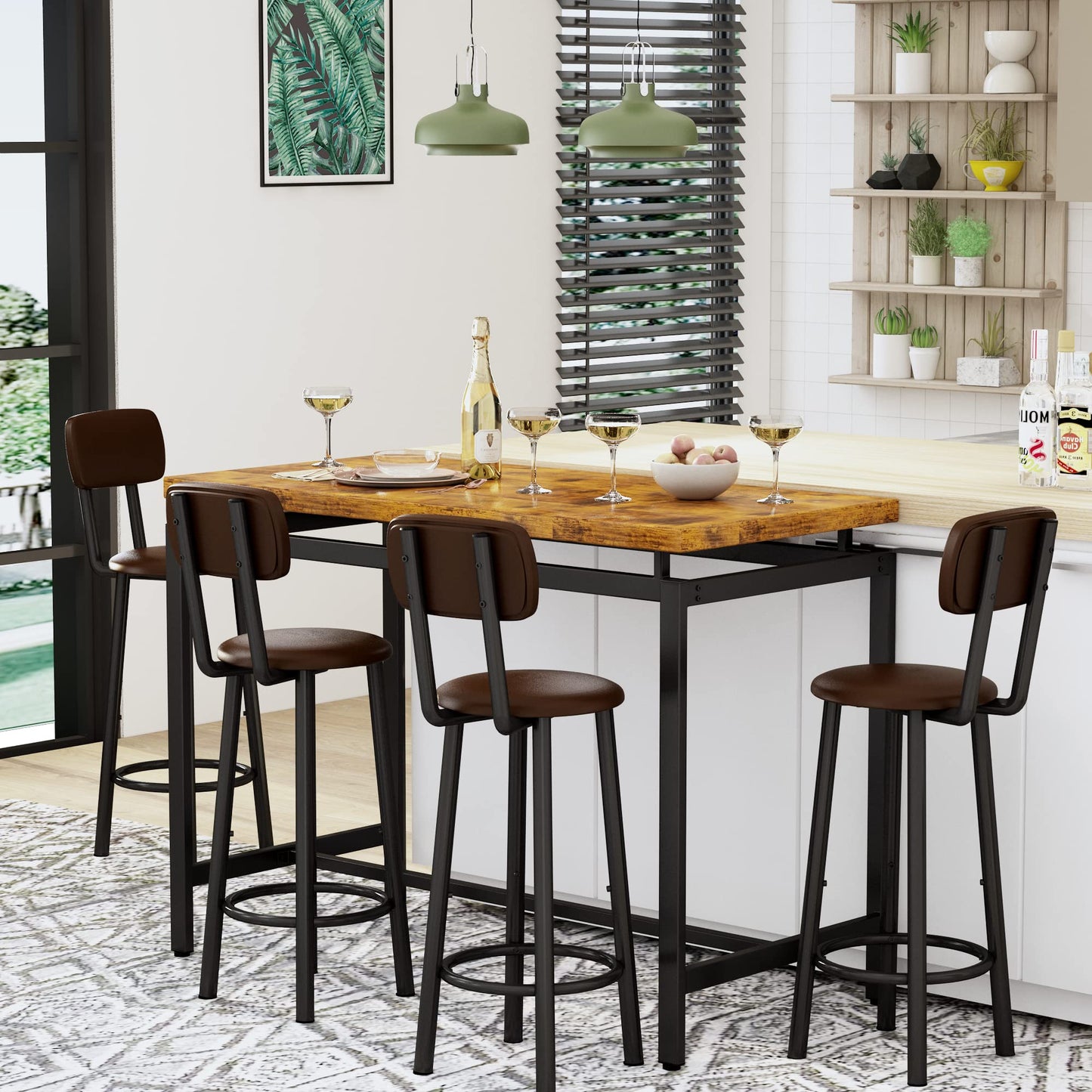 DKLGG 4-Person Wooden Barstool Dining Table and Chair Set of 5, Rustic Brown - Classic Elegance