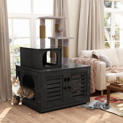 DKLGG Soft Perch Large Wooden Cat House with Litter Pan - Cozy Retreat for Your Feline Friend