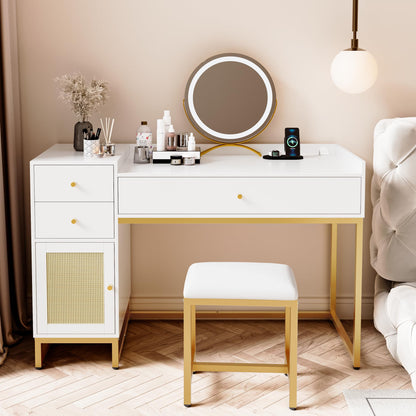 DKLGG Elegant White & Gold Dresser with Stool - Rattan Vanity for a Glamorous Look