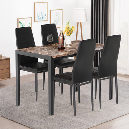 DKLGG Stylish 5-Piece Dining Table with 4 PU Leather Chairs – Faux Marble Finish