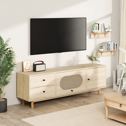 DKLGG Bohemian TV Stand with Rattan Doors - Oak Media Console with Storage and 2 Drawers