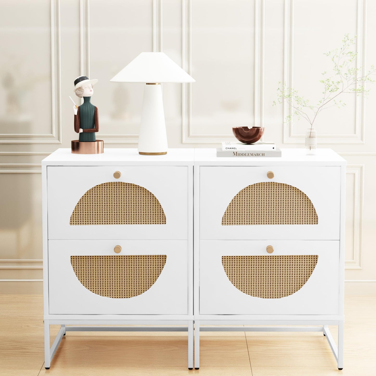 DKLGG Bohemian Nightstand - Stylish White Rattan Bedside Table for Cozy Spaces