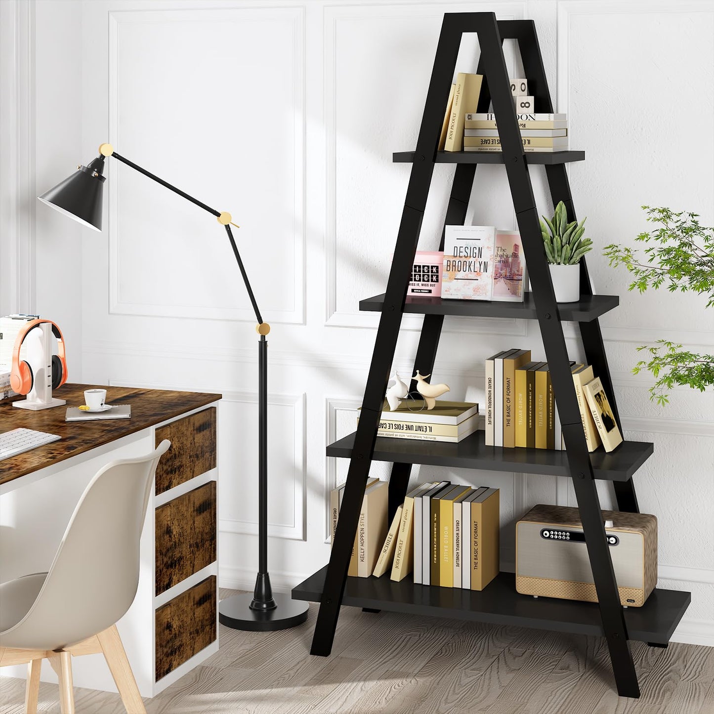 DKLGG 4-Shelf Bookcase, A-Shelf, Industrial Ladder Shelf, Open Storage Cabinet for Home Office