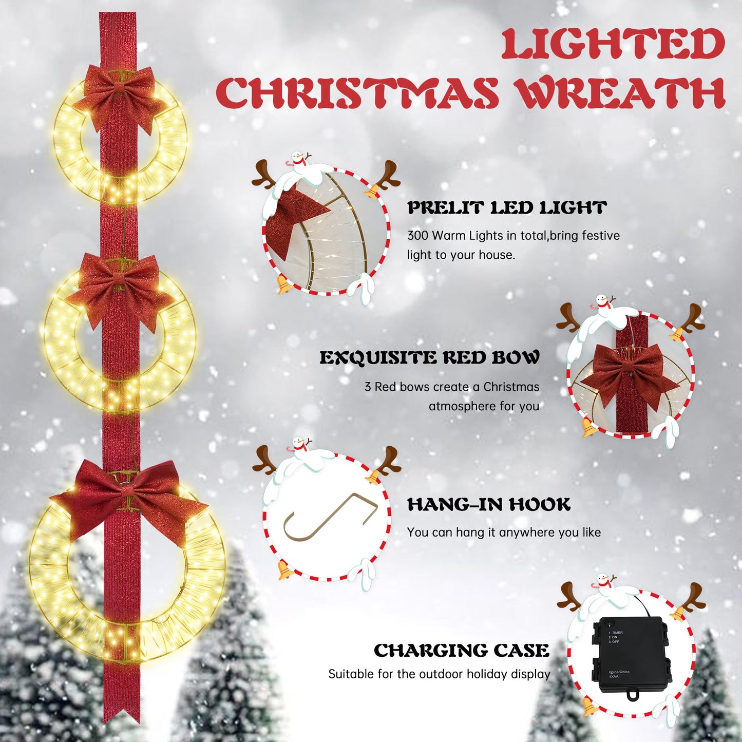 DKLGG 61" Christmas Wreath Set with 300 LED Lights & Bows, Outdoor Holiday Décor (2-Pack)