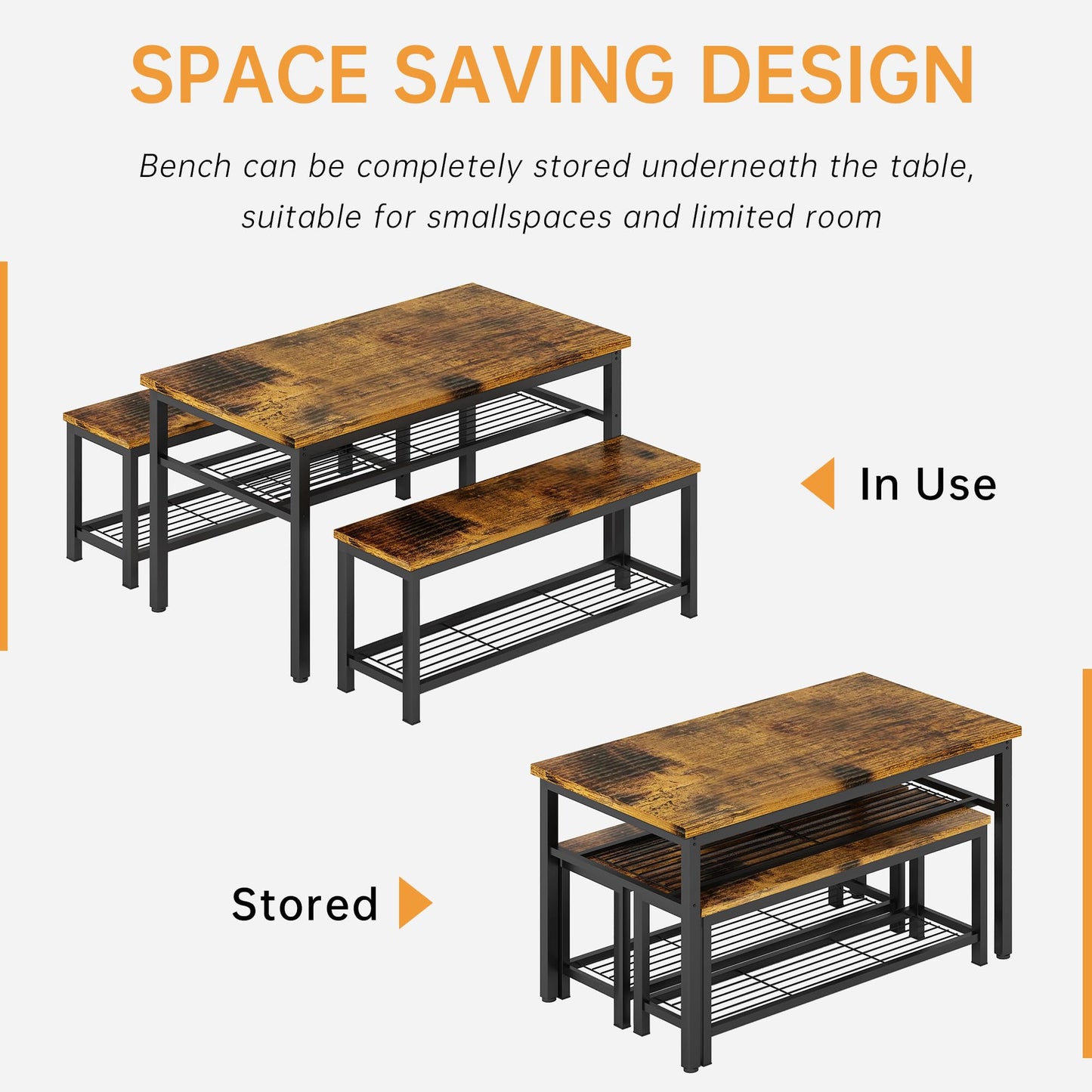 DKLGG Rustic 3-Piece Dining Table Set for 4 - Stylish Storage Solution for Family Meals