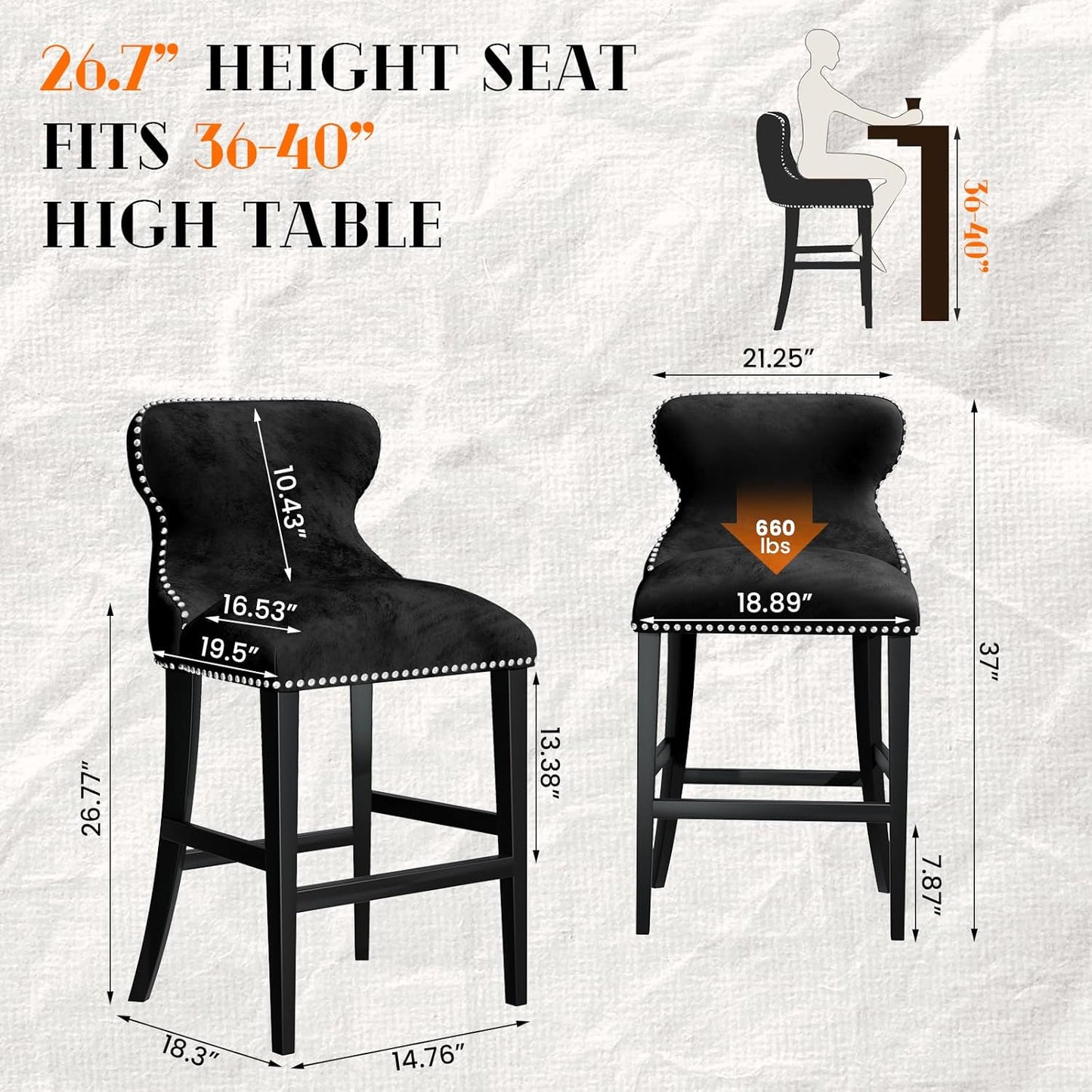 DKLGG 26” High Velvet Barstool Set - 2-Piece with Backrest for Ultimate Comfort