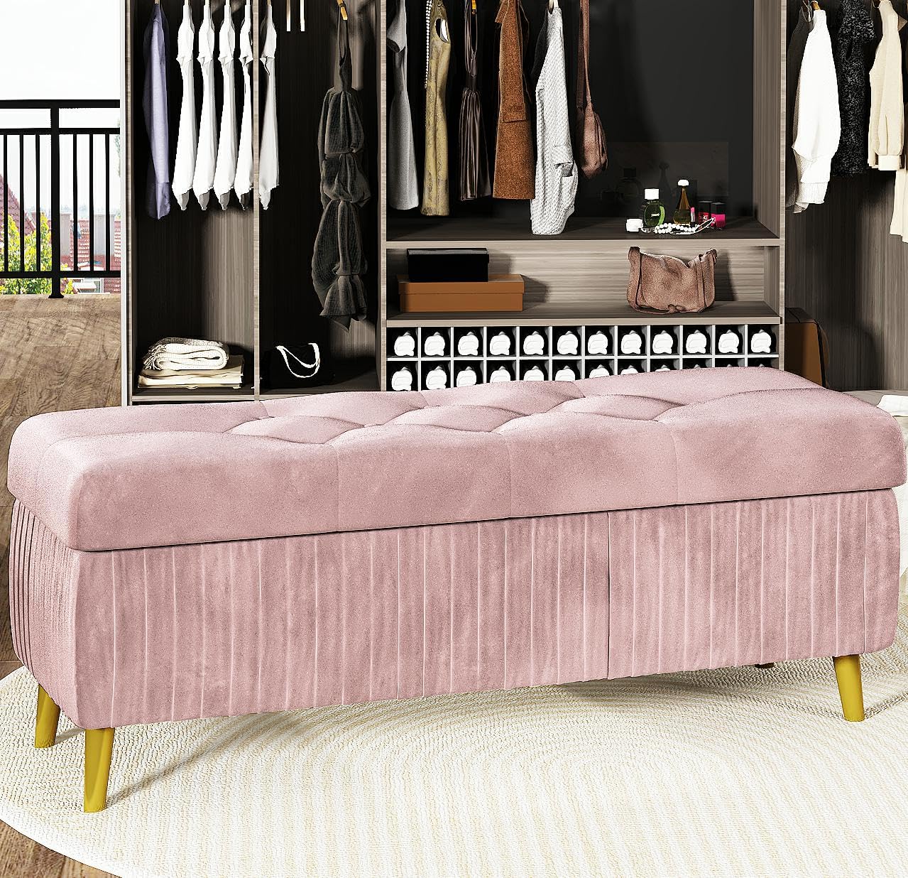 DKLGG Stylish Large Storage Ottoman - 47.24” Velvet Design in Gold and Pink for Your Home