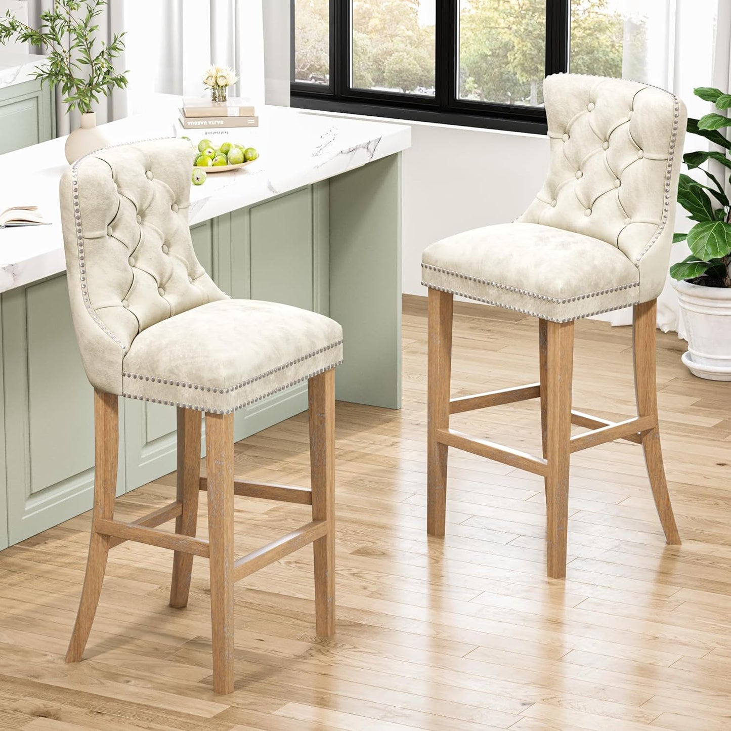 DKLGG Beige Velvet High Bar Stools Set of 4 - 27” Island Kitchen Counter Stools