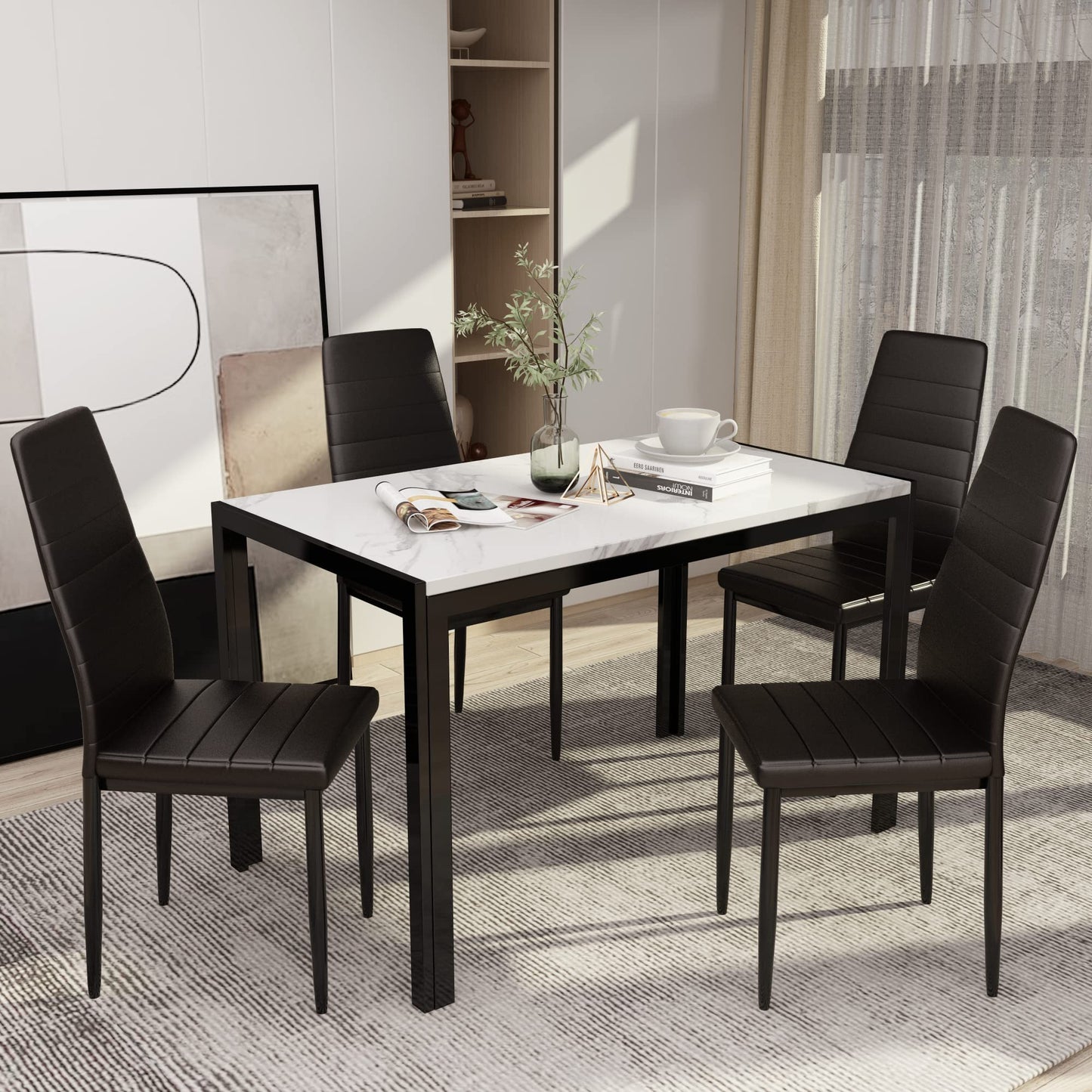 DKLGG Stylish 5-Piece Dining Table with 4 PU Leather Chairs – Faux Marble Finish