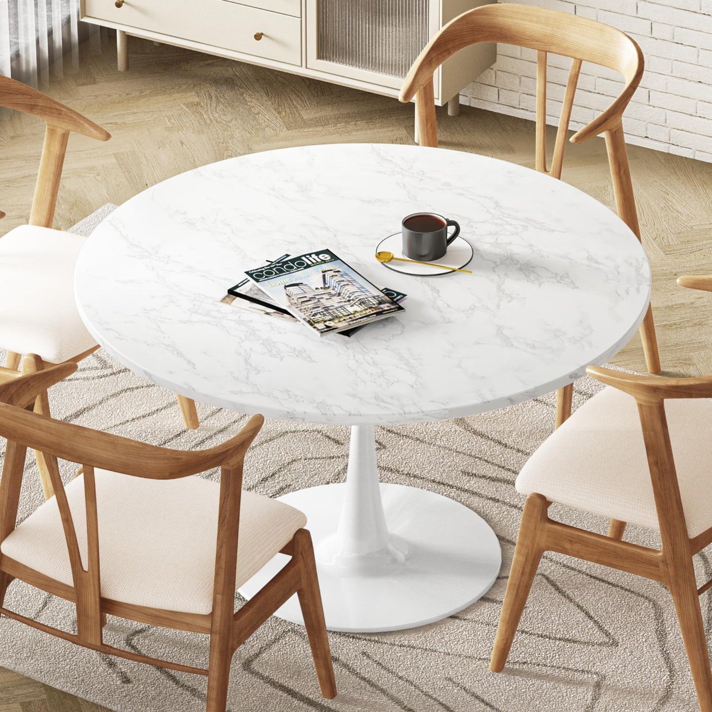 DKLGG Modern Round Dining Table - Stunning White Marble Design for Your Dining Room