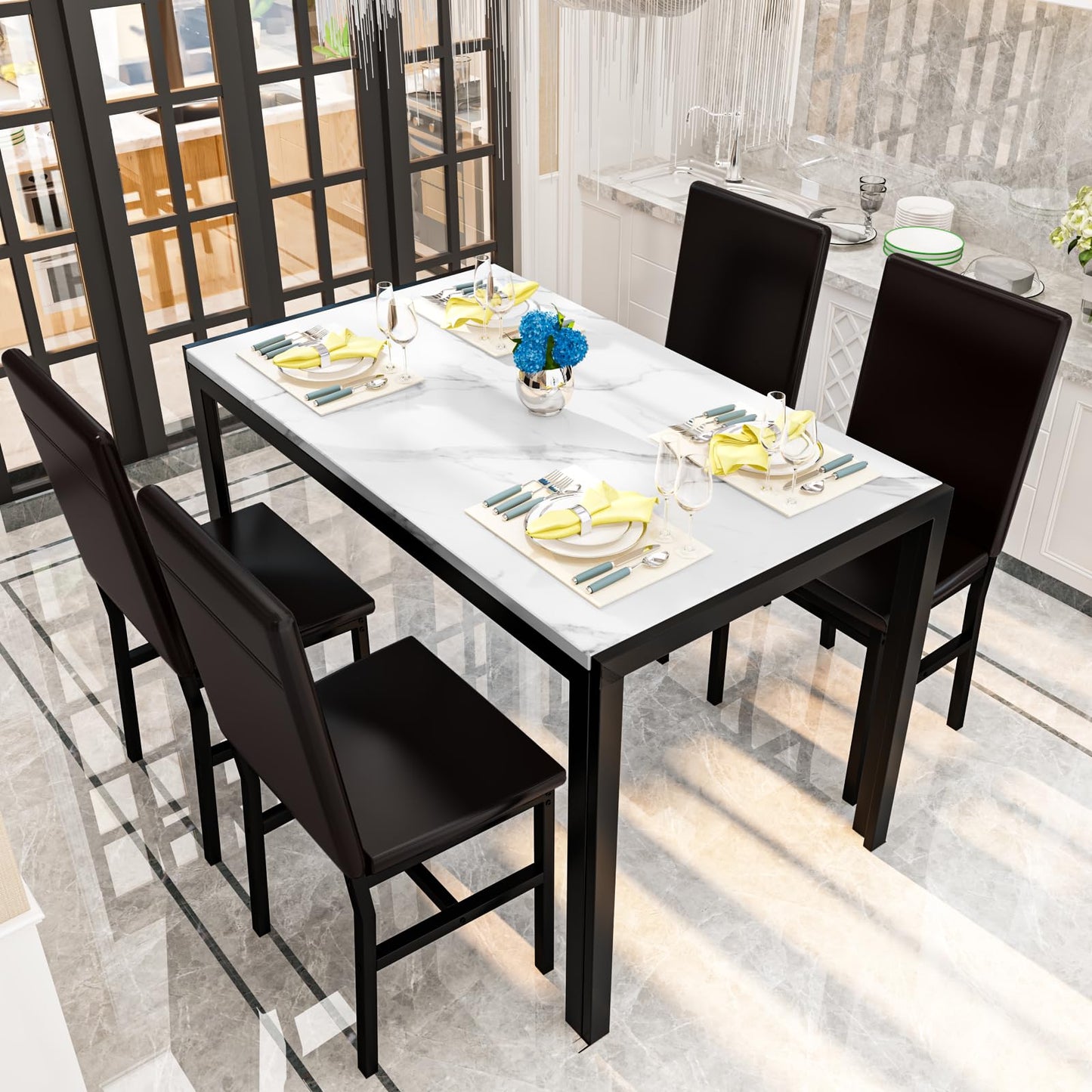 DKLGG 5-Piece Faux Marble Dining Table Set for 4, Space-Saving Design