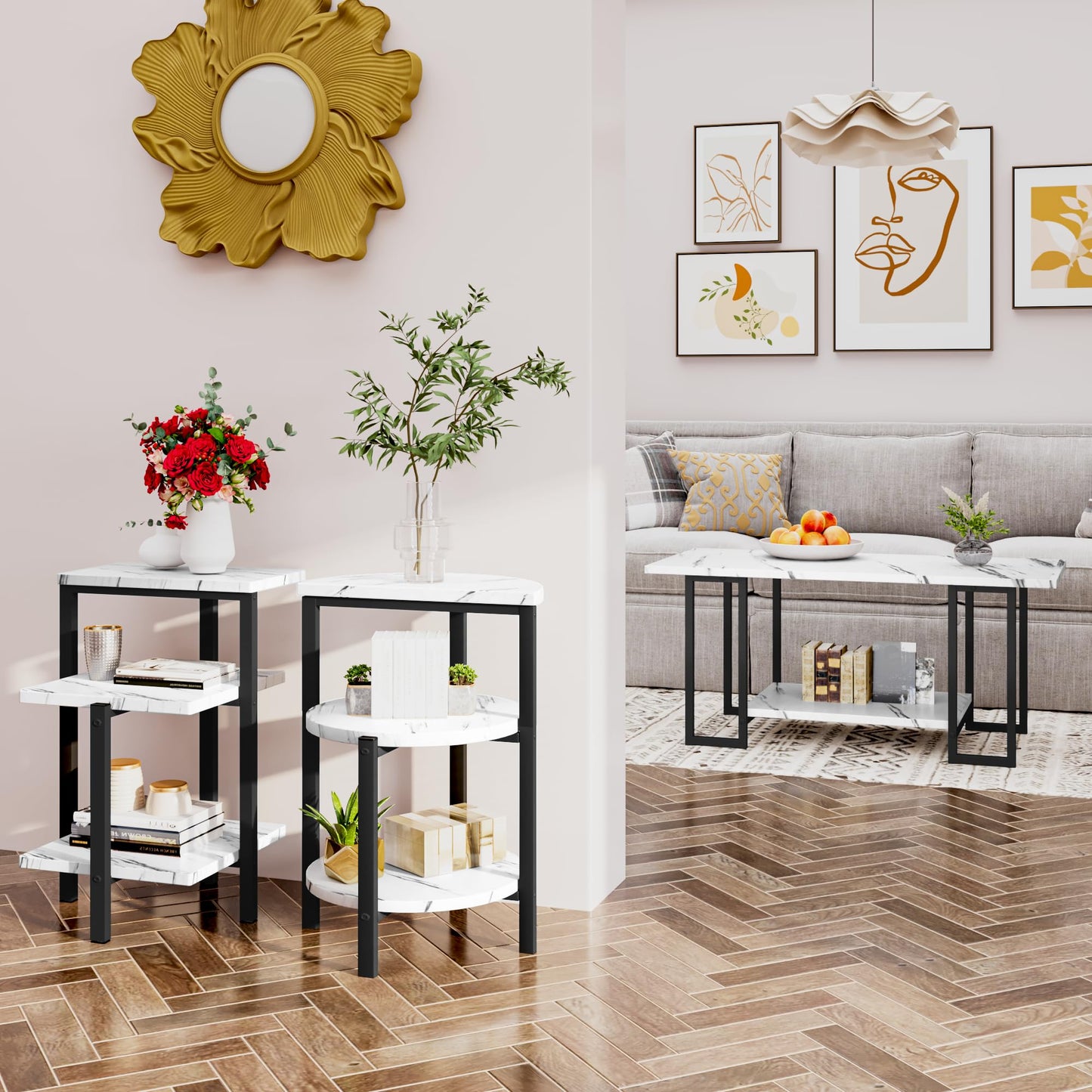 DKLGG 3-Piece Coffee Table Set - Stylish Rectangular Table with Two Matching Accent Tables