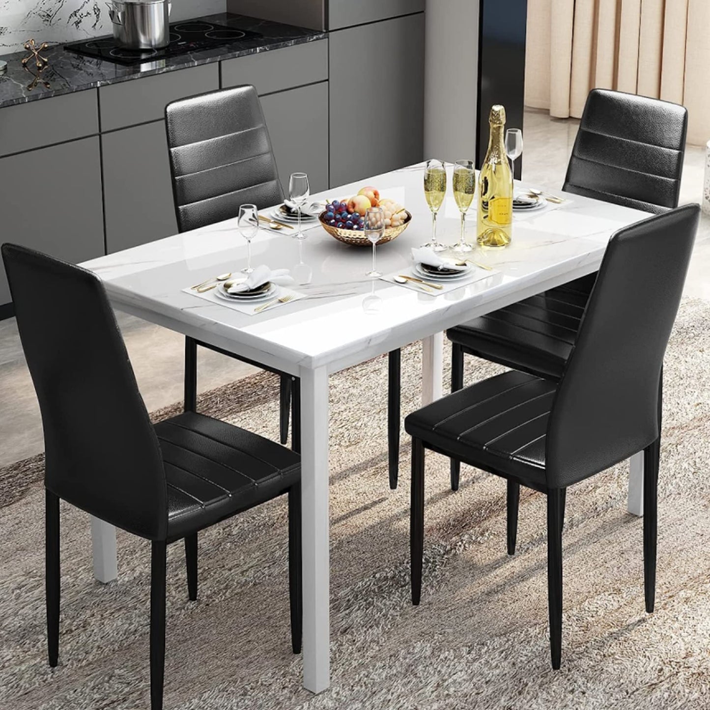 DKLGG Dining Table Set for 4 - Elegant Marble Table with Comfortable PU Leather Seating