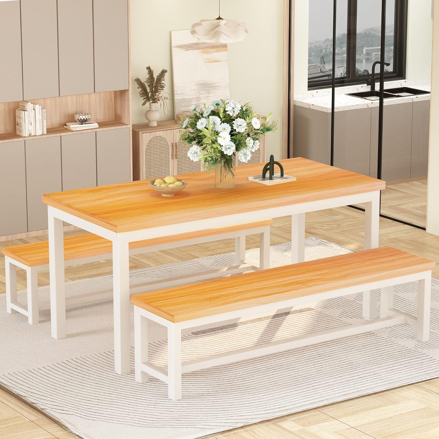 DKLGG Elegant Beige Dining Set - Spacious Kitchen Table with Two Benches for Cozy Family Dining