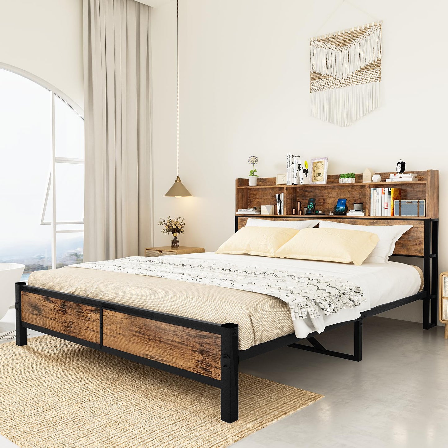 DKLGG Modern Queen Size Bed Frame - Walnut Finish with Functional Storage Headboard and Charging Station