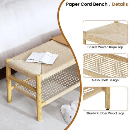 DKLGG Functional Indoor Entryway Bench - Paper Cord Seat and Grid Shelf for Stylish Organization