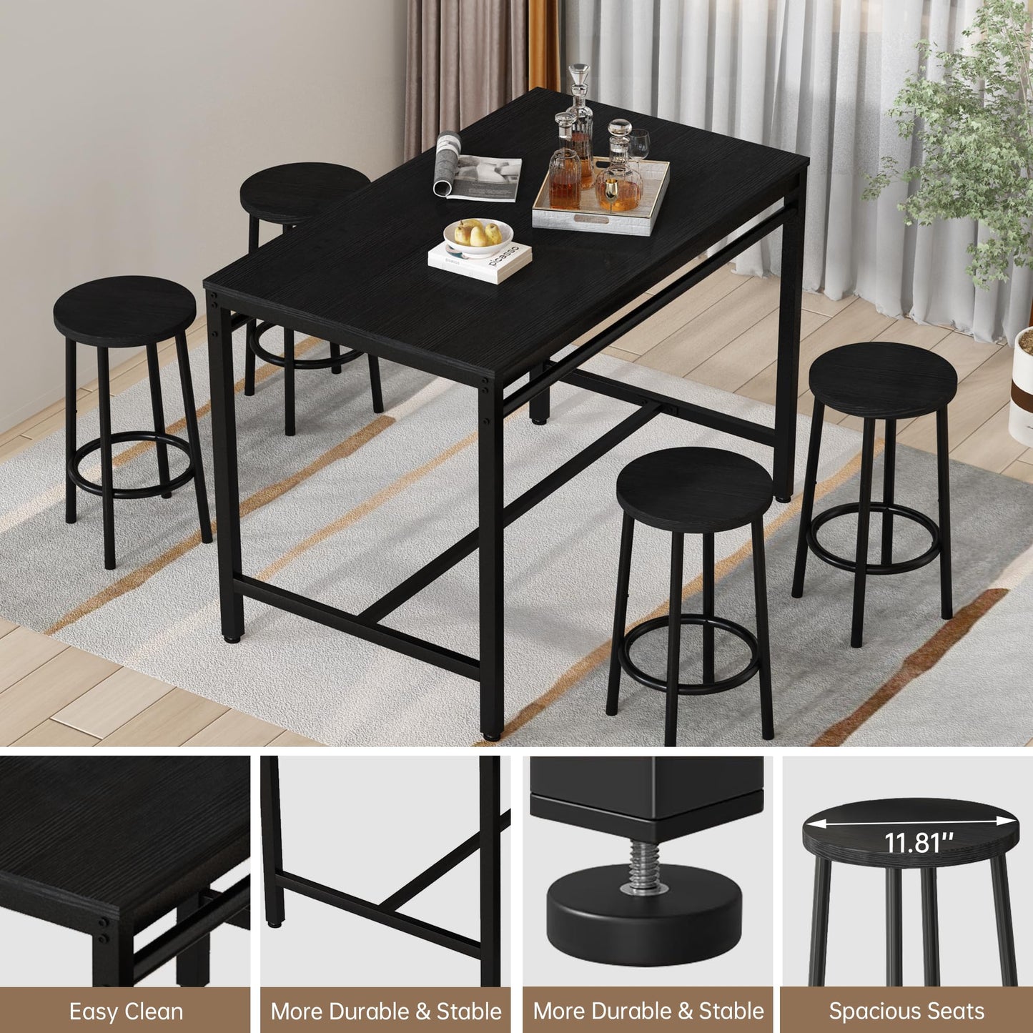 DKLGG 4-Person Bar Dining Set, 47-Inch, Black - Modern Home Dining Option