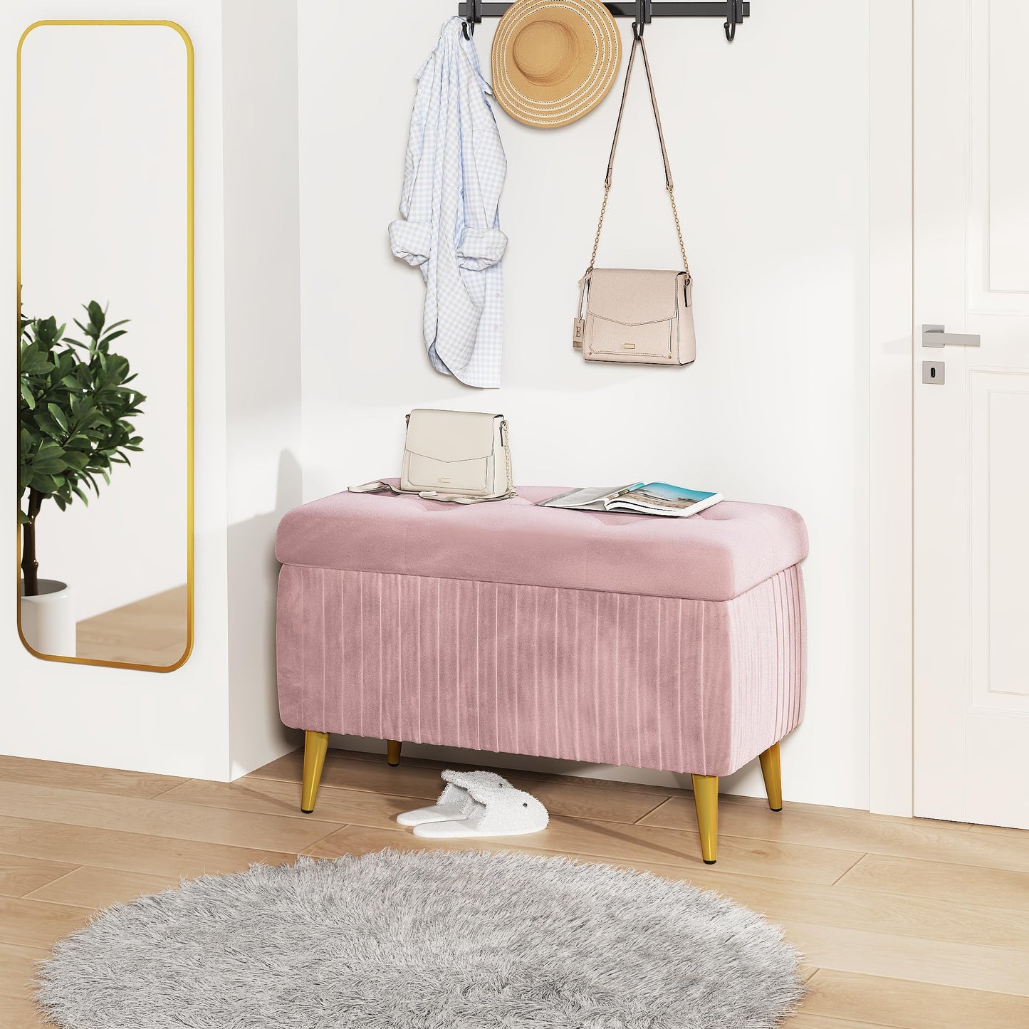 DKLGG Stylish Large Storage Ottoman - 47.24” Velvet Design in Gold and Pink for Your Home