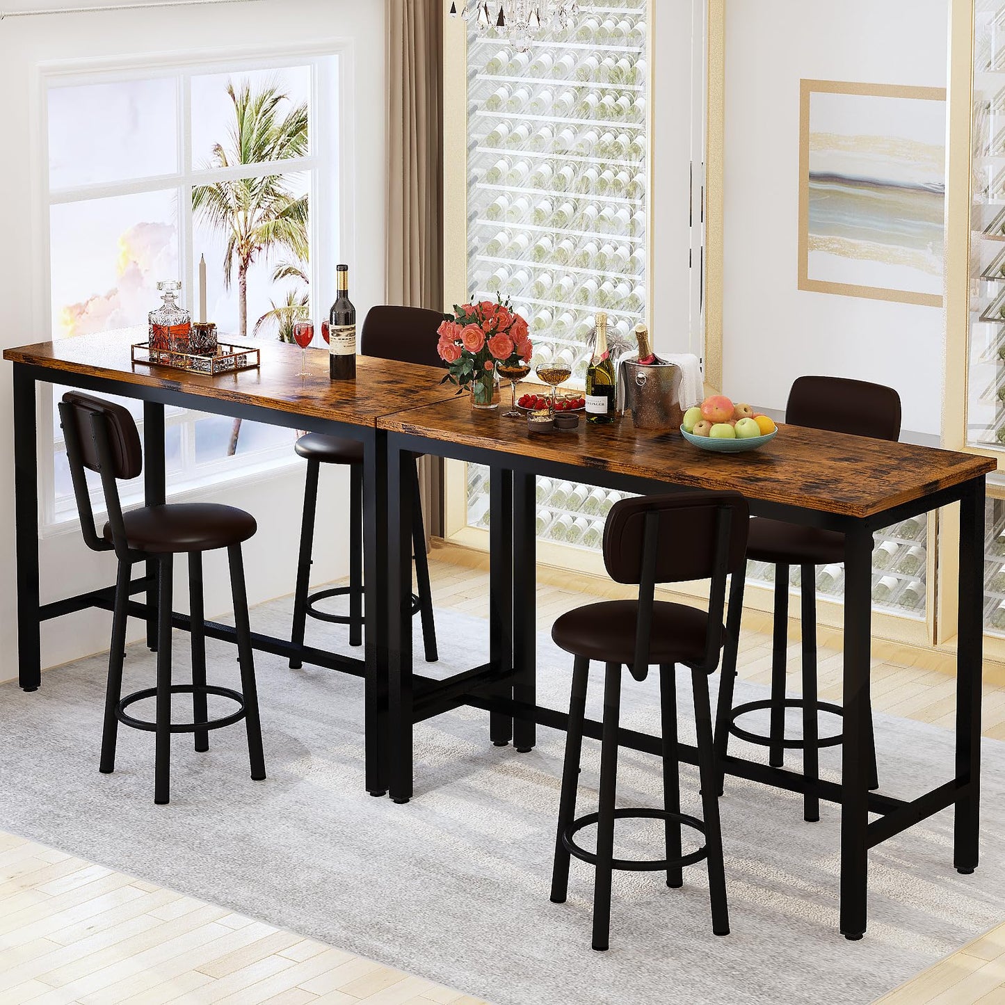 DKLGG Industrial style bar height table set of 3 pieces - brown and black with 2 PU leather chairs