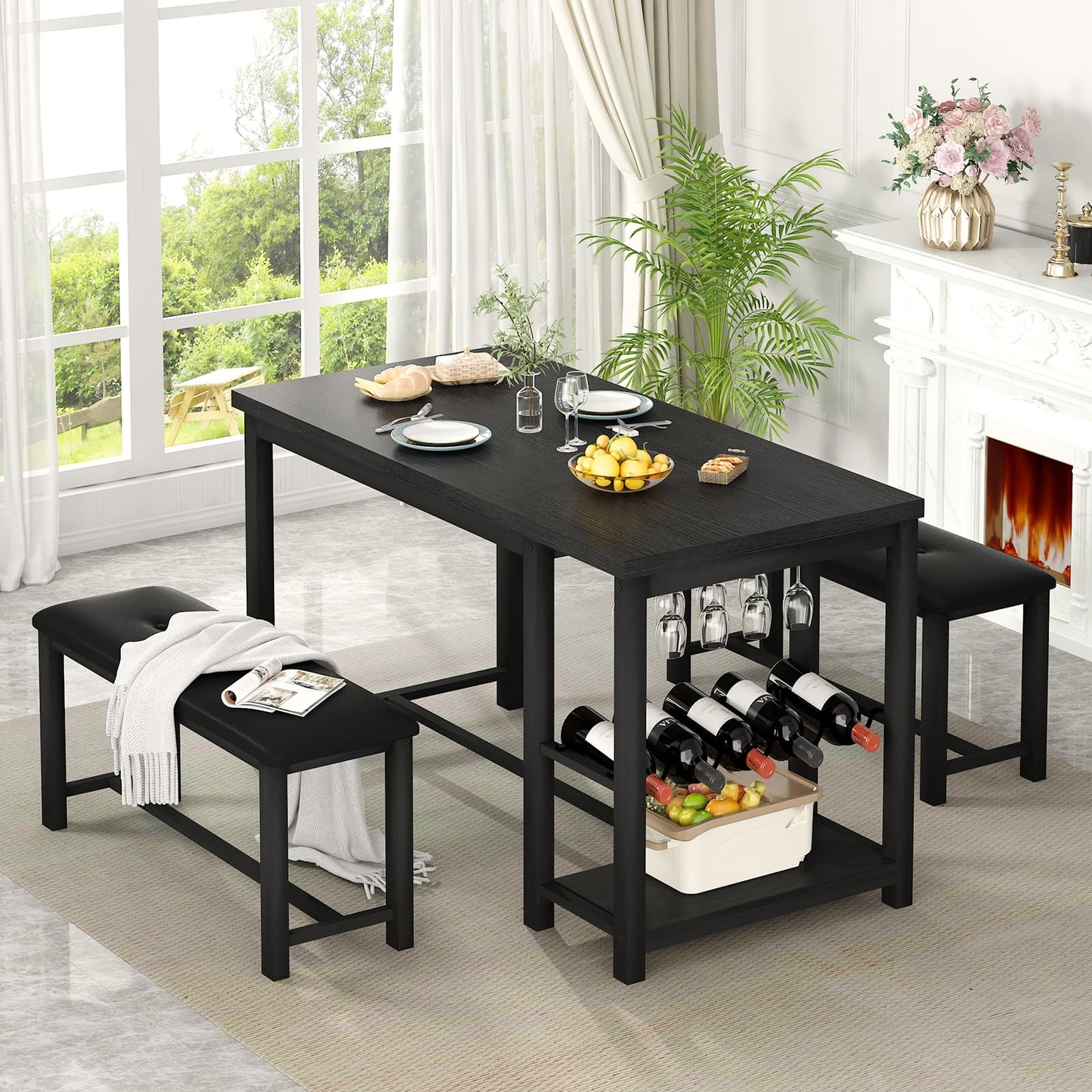 DKLGG Dining Room Table Set for 2-4 - Elegant Design with Wine Rack and Storage