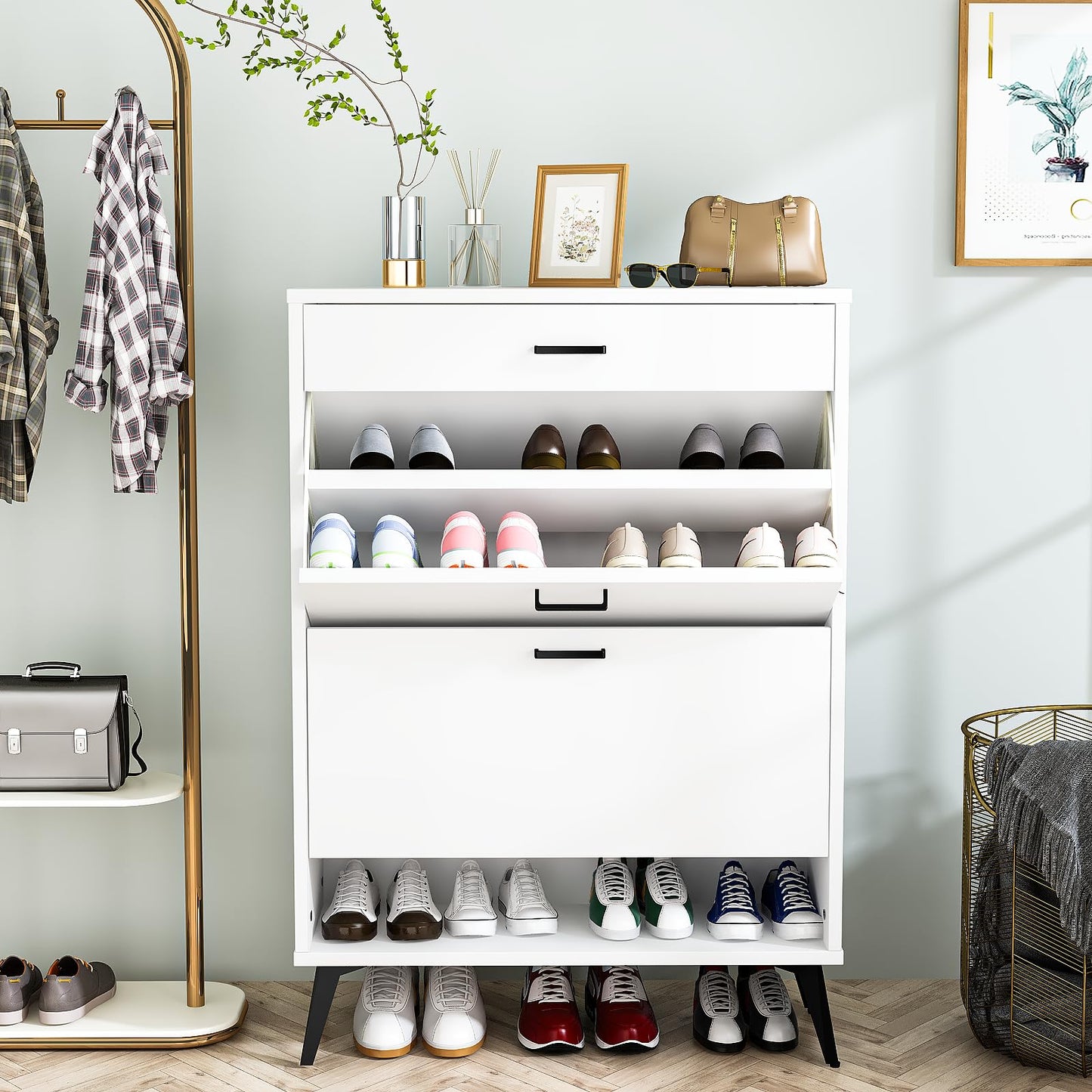 DKLGG Entryway Shoe Cabinet - Freestanding Gray Organizer with 2 Flip-Flop Drawers