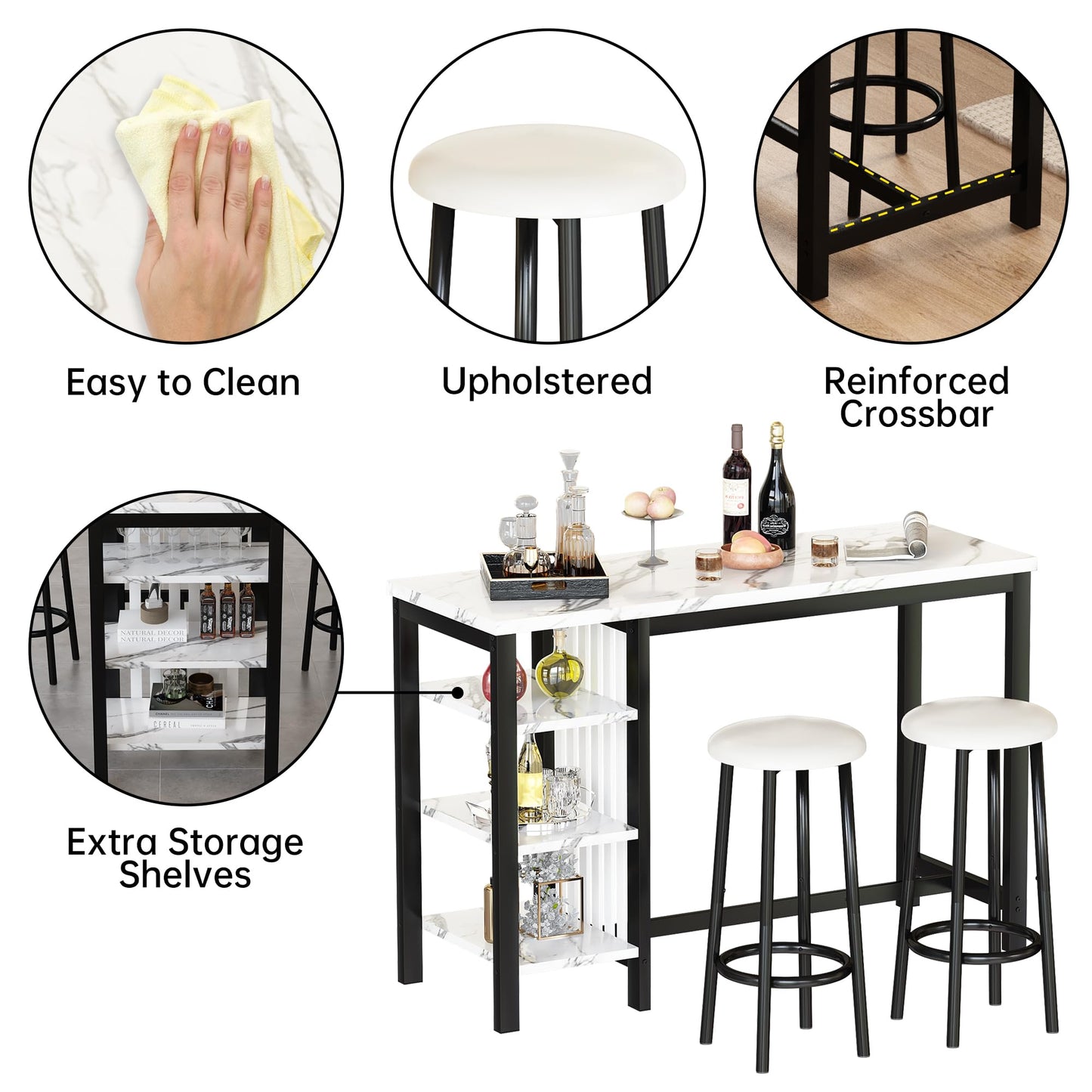 DKLGG 4-Piece Faux Marble Dining Set - Ideal for 3-6 People with Convenient Folding Table Leaf