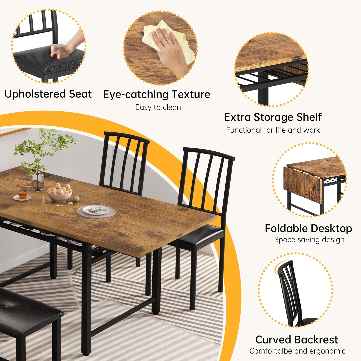 DKLGG 4-Piece Faux Marble Dining Set - Ideal for 3-6 People with Convenient Folding Table Leaf