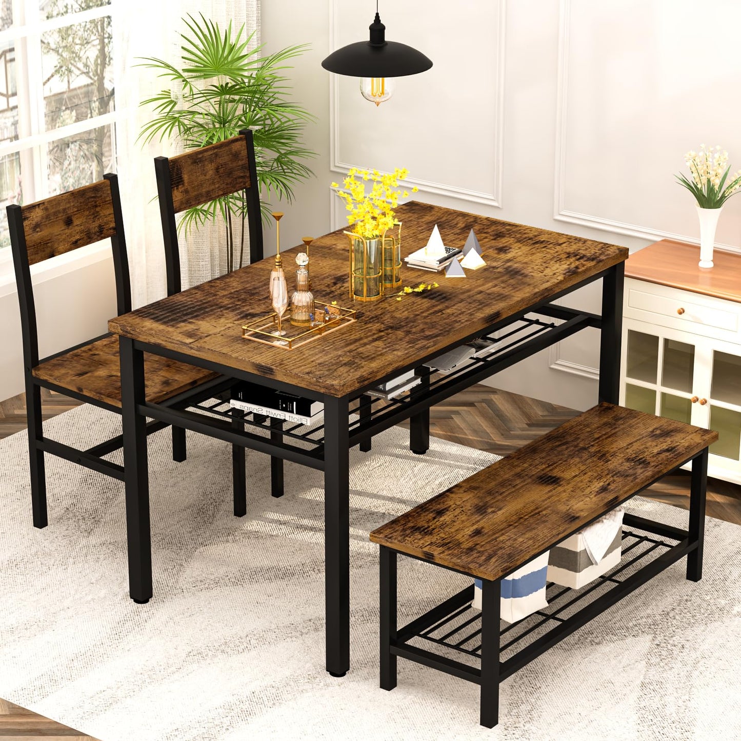 DKLGG 4-Piece Dining Table Set for 4 - Rustic Brown Table with Built-In Storage Shelves