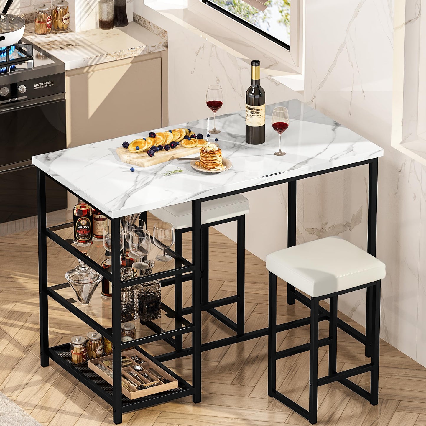 DKLGG Elegant Bar Table Set of 2 - Space-Saving Faux Marble Dining Table with Convenient Storage