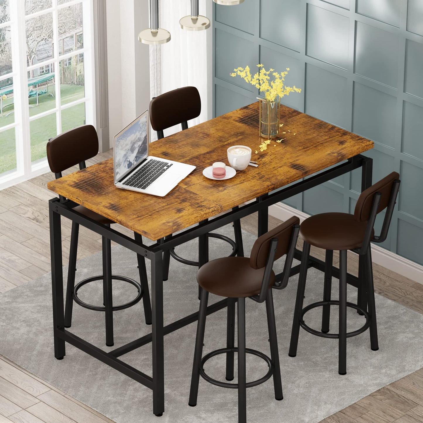 DKLGG 4-Person Wooden Barstool Dining Table and Chair Set of 5, Rustic Brown - Classic Elegance